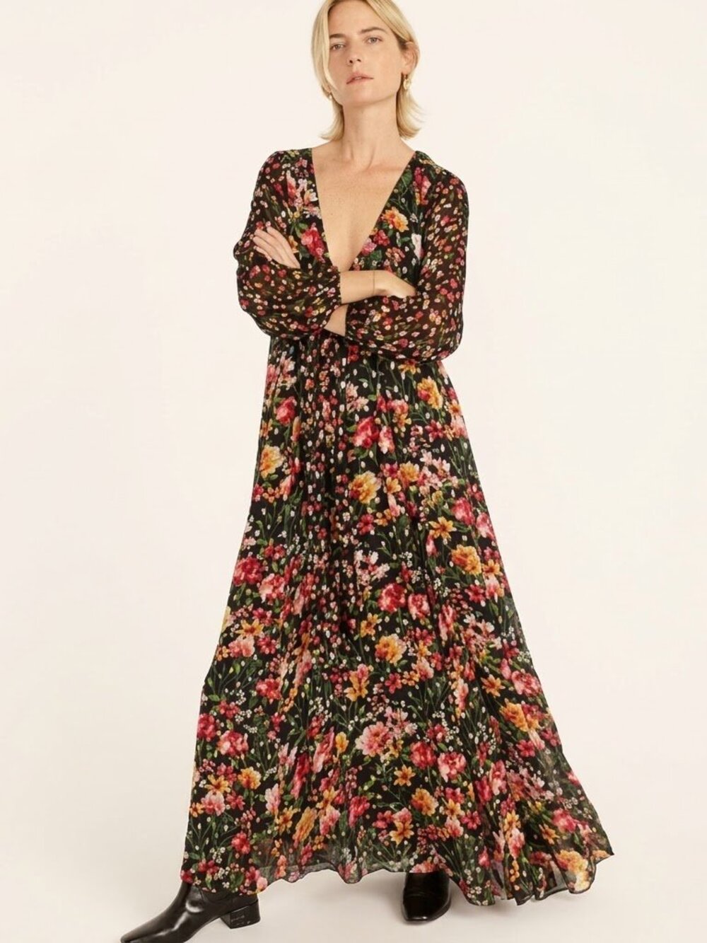 NWT J.Crew Tie-front Lurex® Maxi in Black Mixed Print Floral Metallic Dress M